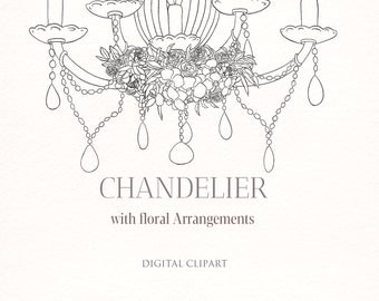 Chandelier line art clipart with flowers. Wedding light decorations with floral arrangements. digital clipart. Boho style wedding.