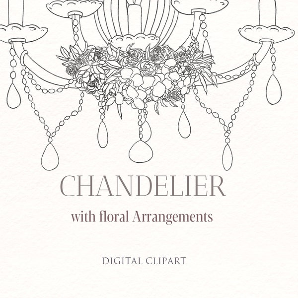 Chandelier line art clipart with flowers. Wedding light decorations with floral arrangements. digital clipart. Boho style wedding.