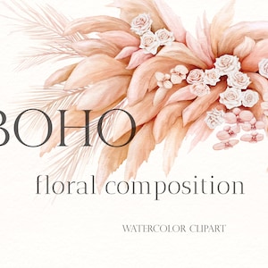Clipart aquarelle d'herbe de la pampa et d'orchidées. Longue composition florale avec feuilles tropicales séchées, herbe de la pampa, orchidées, roses. Style bohème