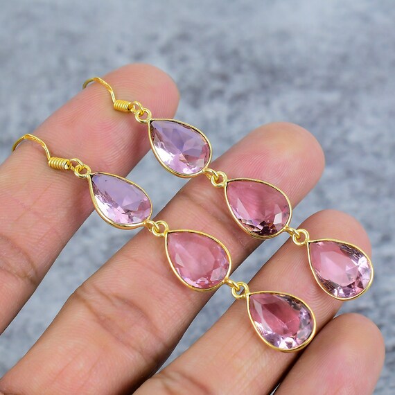 Pink Topaz Sterling Silver Dangle Earrings: Handmade  display picture 1