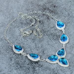 Blue Topaz Gemstone Necklace, Handmade 925 Sterling Silver Necklace, Silver Jewelry, Blue Topaz Jewelry, Chain Necklace, Gift For Her