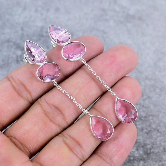 Handmade Pink Kunzite Dangle Earrings: 925 Sterling Silver  display picture 1