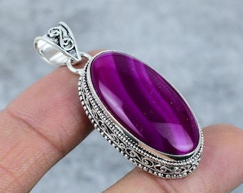 Handmade Pink Botswana Agate Pendant: Bohemian 925 Sterling Silver
