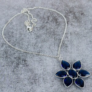 Blue Sapphire Flower Shape Necklace, 925 Sterling Silver Necklace, September Birthstone Women Jewelry, Valentine&#39;s Day Gift Necklace For Her