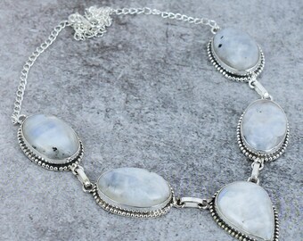 Collier Pierre De Lune Arc-en-Ciel - Argent Sterling 925 - Fait Main - Longueur 18 Pouces - Neuf Sans Emballage
