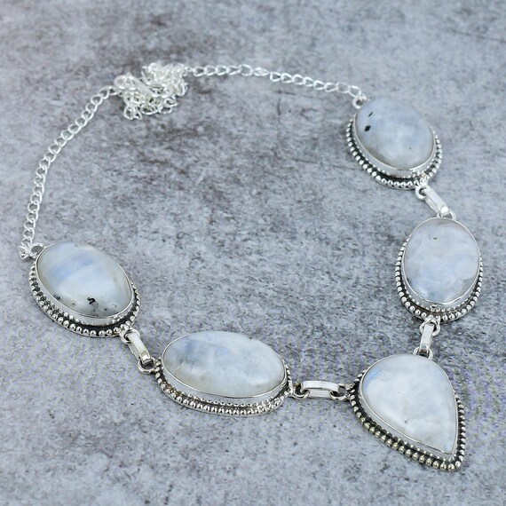 Collier En Argent Sterling 925 Avec Pierre De Lune Arc-en-ciel - Fait Main - 18 Pouces