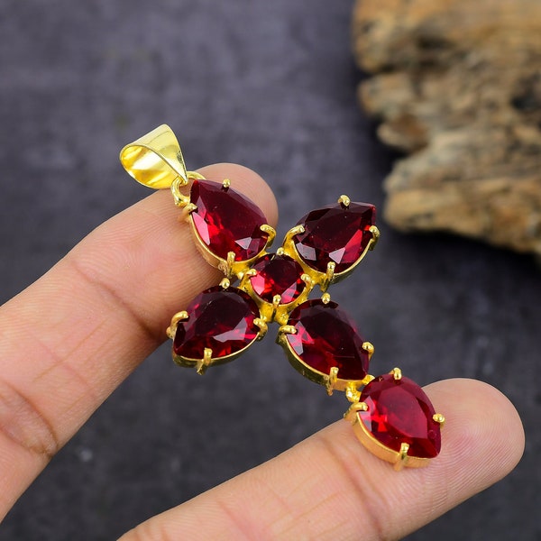 Natural Mozambique Garnet Quartz Cross Pendant - 18k Gold Plated Cross Pendant - Natural Gemstone Handmade Jewelry - Garnet Cross Necklace~~