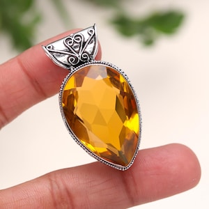 Citrine Quartz Pendant, 92.5 Sterling Silver Pendant, Large Citrine Quartz Pear Pendant, Vintage Handmade jewelry For Love, For Gift Her~~