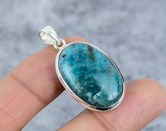 Pendentif Argent Sterling 925 Fait Main, Pierre Apatite Naturelle Neon, Ovale, Bijou Artisanal