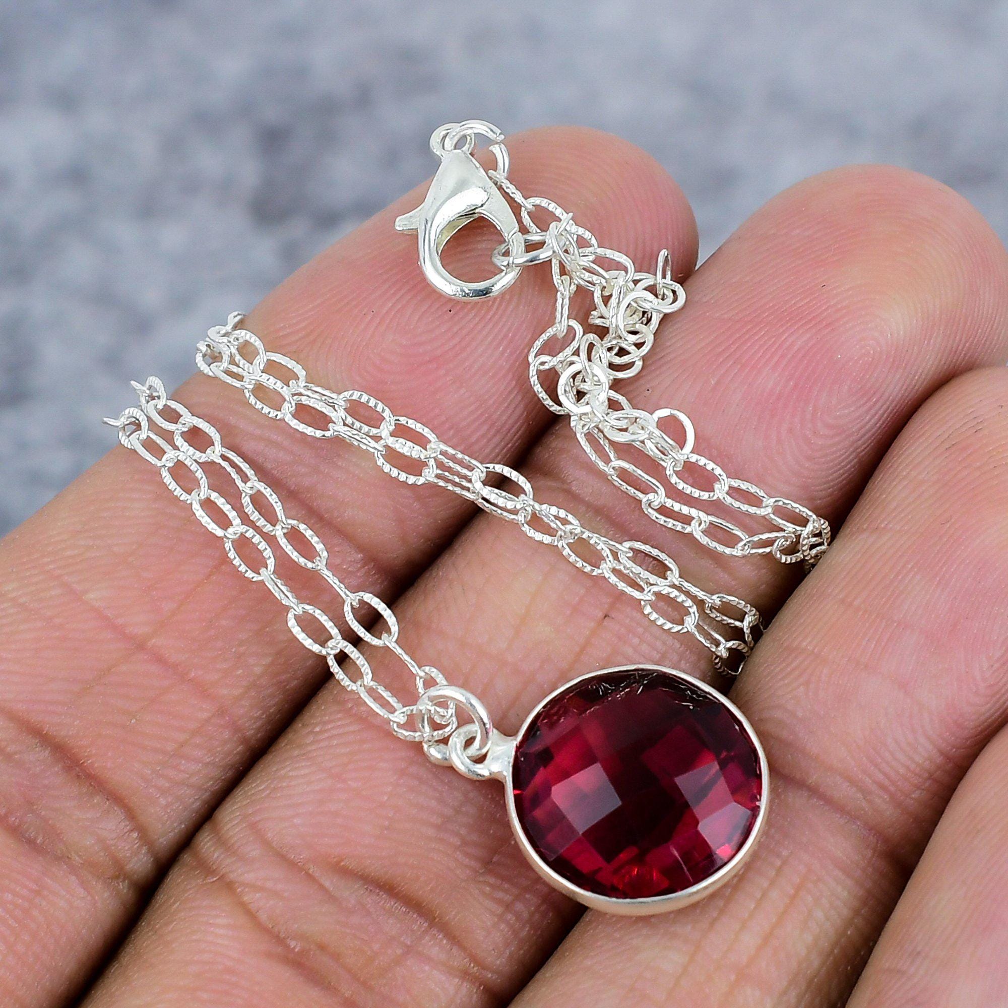 Red Garnet Necklace for Women - 12mm Round Germstone Garnet Pendant - 925 Sterling Silver Cable Chain 45cm - January Birthstone - Necklace Silver - Perfect for Classy Gift and Everyday