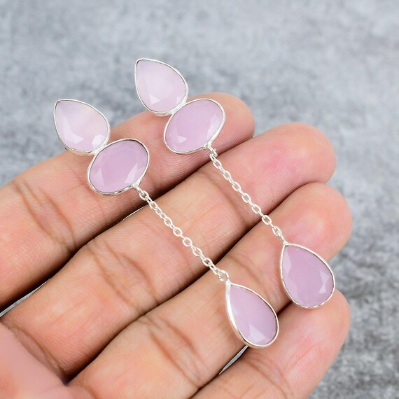 Pink Chalcedony Sterling Silver Dangle Earrings: Bohemian  display picture 1