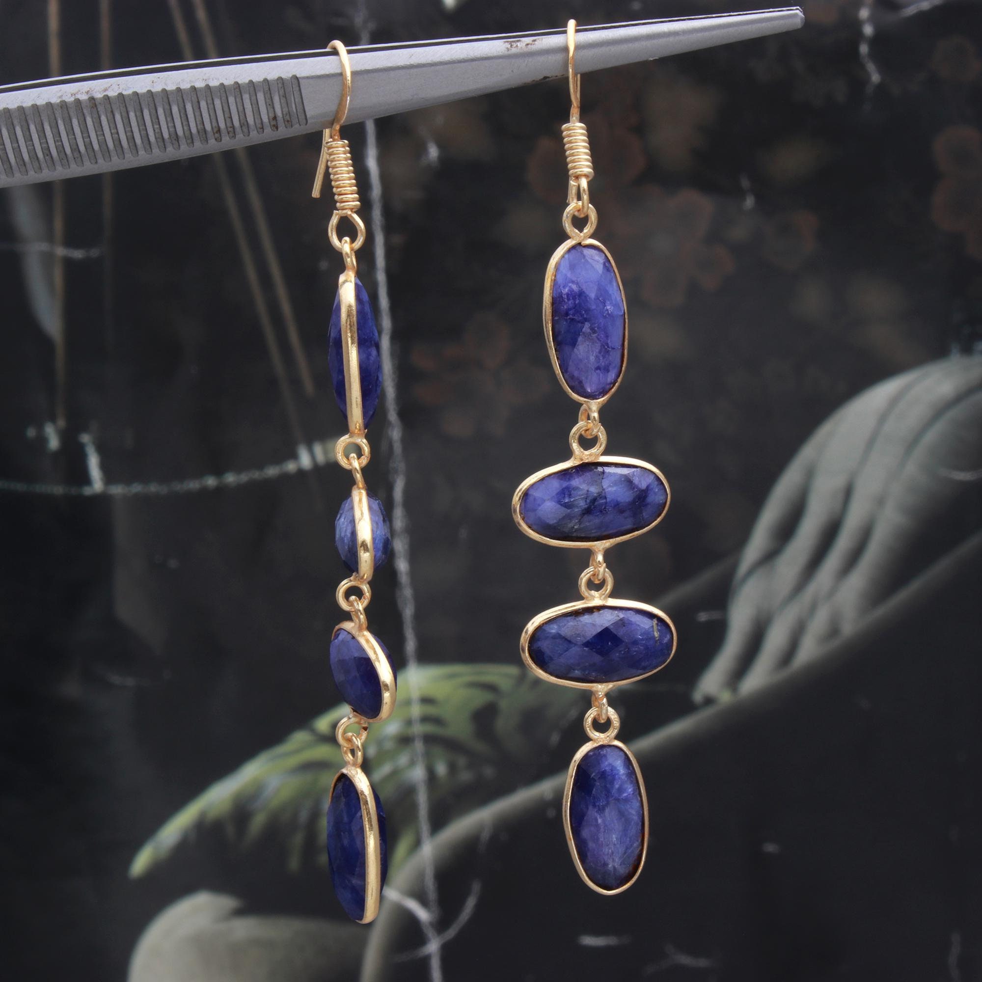 925 Argent Sterling Saphir Bleu Boucles D'Oreilles Handmade Bijoux