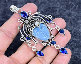 Blue Agate Face Cameo Pendant, Hand Carved Gemstone, Sterling Silver, Blue Topaz Accent