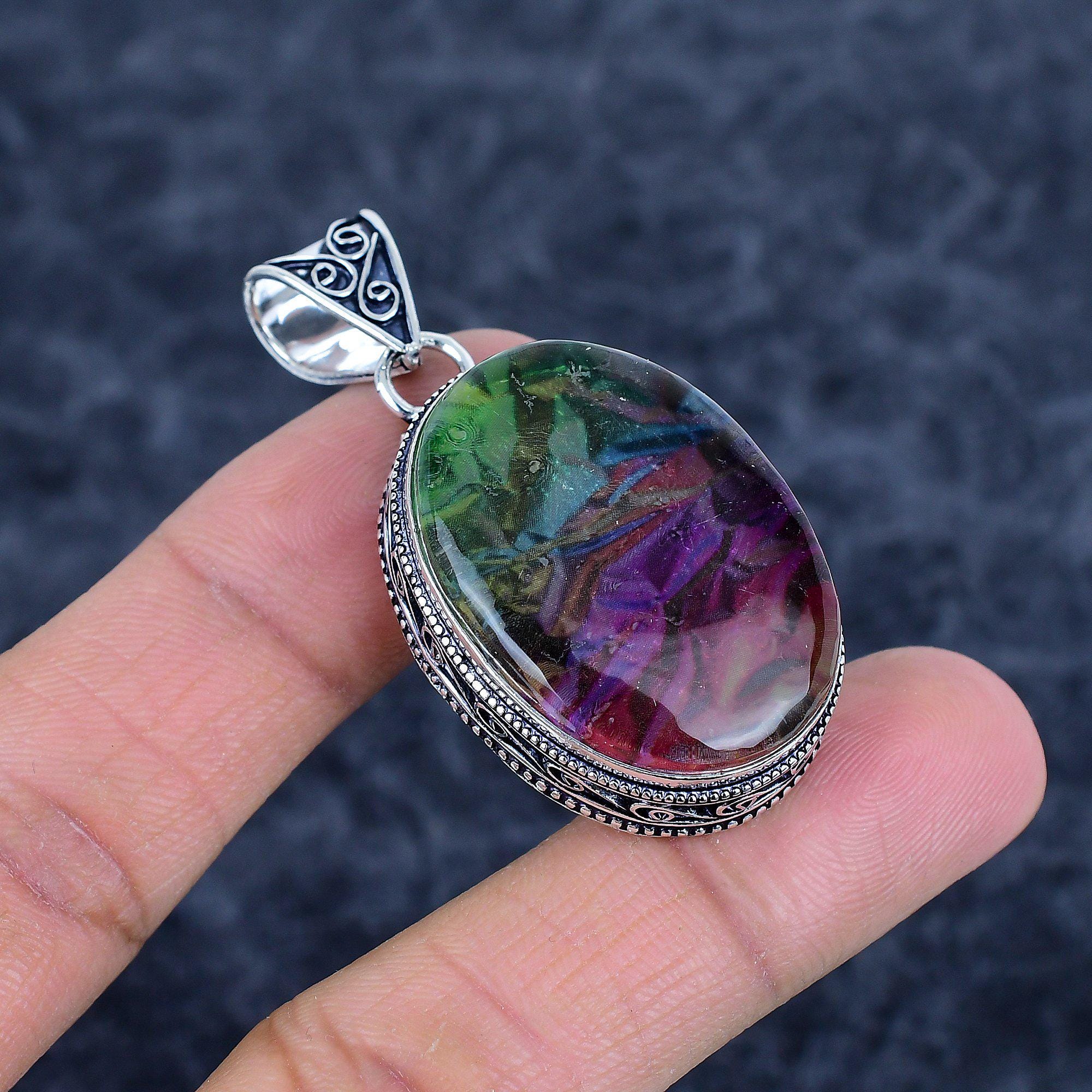Pendentif en argent sterling 925 fait à la main pour femme, pierre précieuse ovale de 22,9 x 27,9 cm, bijoux tendance pour cadeau (99527_P), Métal Pierre précieuse, Coquille d'ormeau