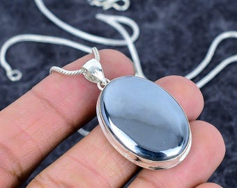 Sterling Silver Hematite Pendant Necklace: Oval Gemstone, 18 inch Chain