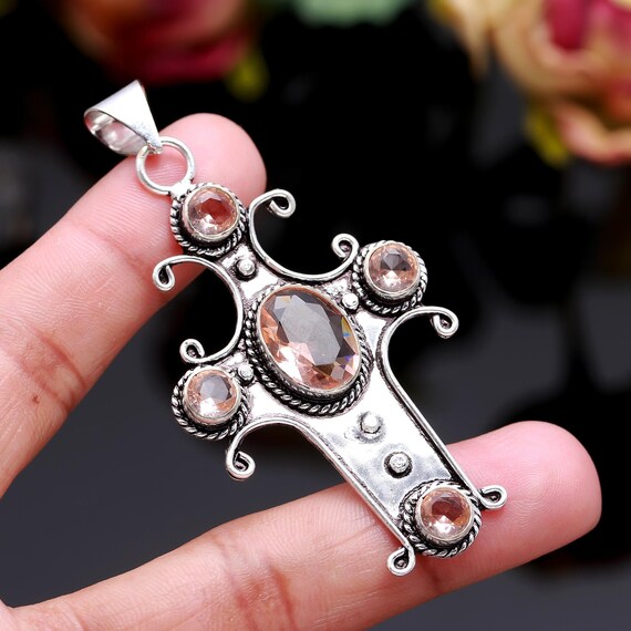 Collier Artisanal Quartz Morganite Plaqué Argent 925 - Superbe Sautoir, Neuf Avec étiquettes