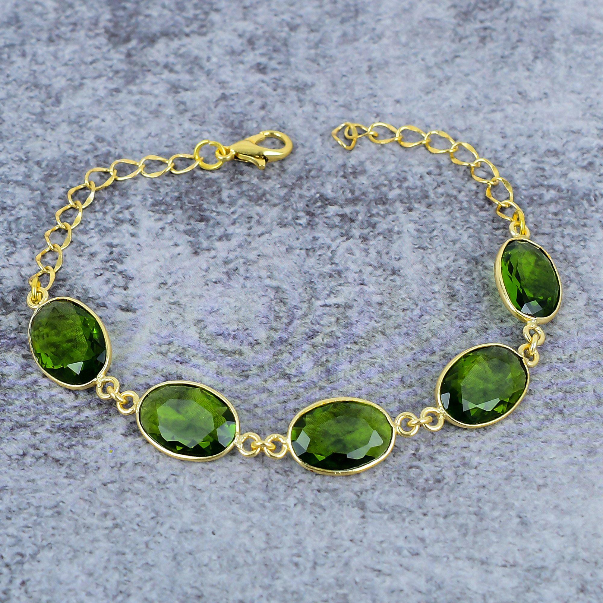 Bracelet Ancien Péridot Ovale Facetté - Argenté Plaqué - Pierre Verte - Fait Main Inde