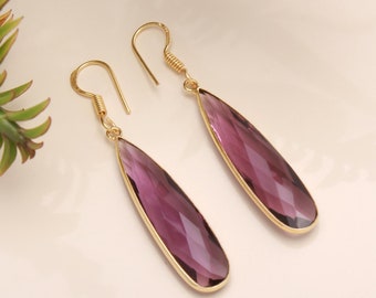 Amethist quartz oorbellen-handgemaakte draadoorbellen-lange oorbellen-statement bengeloorbellen-vergulde oorbel-paarse amethist edelsteen cadeau ~~~