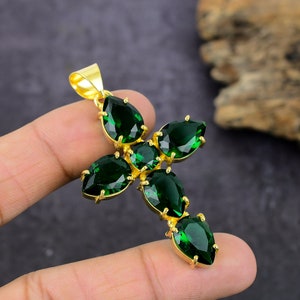 Natural Emerald Quartz Cross Pendant - 18k Gold Plated Cross Pendant Real Emerald - Handmade Gemstone Jewelry - gift ideas for women~~~