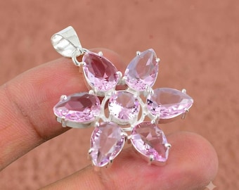 Handgemaakte roze kunzietkwartsbloemhanger: 925 sterlingzilver