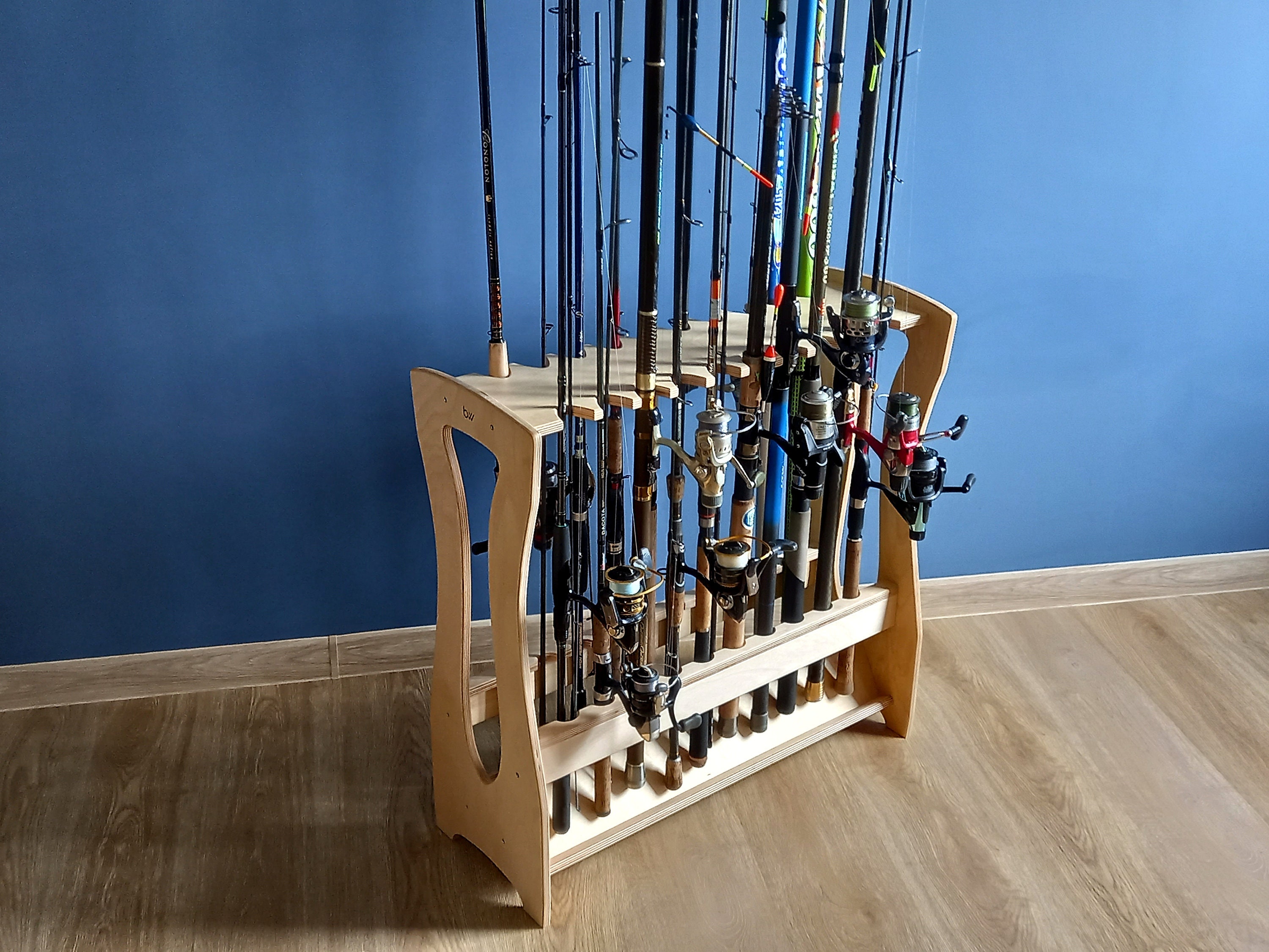 Fishing pole holder / Fishing rod rack / Standing organizer for 20 rods