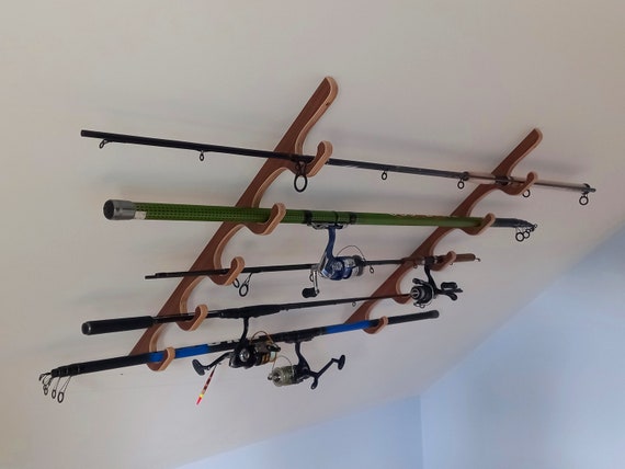 MyGift Soporte para caña de pescar montado en la pared, soporte vertical de  madera con antorcha para caña de pescar, estante de almacenamiento