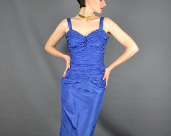 1970 - EVENING dress LORIS AZZARO - Royal blue pleated silk Taffetas - cocktail dress - glamorous dress