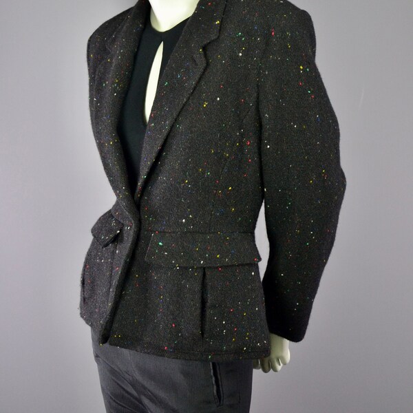 CACHAREL Paris -Veste tailleur tweed de laine noir chiné tutti frutti - taille marquée basque - Années 80