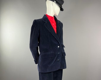 SAINT LAURENT Rive Gauche - Navy blue velvet jacket and pants set - 80s - Size 42