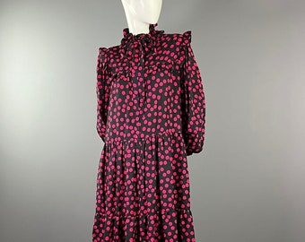 SAINT LAURENT Rive Gauche - Winter 1980 - Black silk dress with fuchsia polka dots - Size 38
