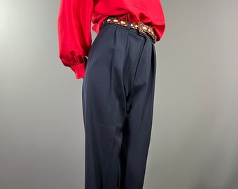 YVES SAINT LAURENT Variation - High waisted 7/8th pants in navy blue wool - 80s - Size 38