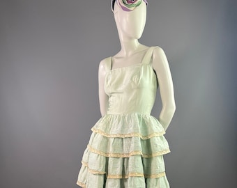 PATÈ MILANO - Robe cocktail en mousseline de soie vert d'eau et dentelle -Années 60