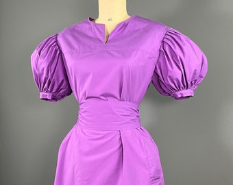 GUY LAROCHE - Purple cotton dress with balloon sleeves - 80s - Size 42