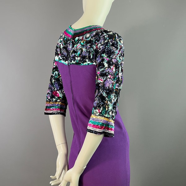 JEAN PATOU Boutique - Robe cocktail en crêpe violet et broderie de sequins - 1960