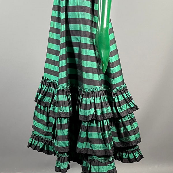 GUY LAROCHE - Green and black striped wild silk skirt - ruffles - Size 40 - 80s