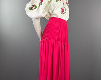SAINT LAURENT Rive Gauche - Pleated skirt in fuchsia pink crepe - 70s - Size 38