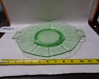Antique Green Depression Glass Serving Plate with Handles - 11" Diameter