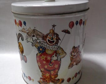 J. L. Clark Biscuit Tin Container with Circus Theme 7" Diameter 8" Tall