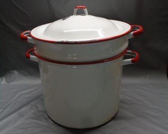 Vintage Enamelware Stock Pot, Colander & Lid - 11" tall assembled