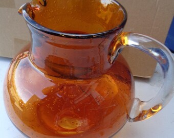 Amber Glass Pitcher Hand Blown Seeded - 7" Tall