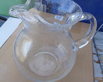 Clear Glass Pitcher Hand Blown Seeded - 7" Tall