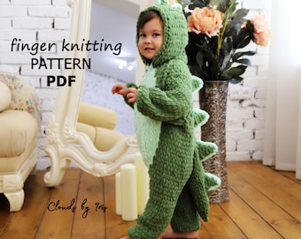 Kigurumi Dino Pattern | Finger knitting Pattern | PDF | kigurumi cosplay | Sleepwear | jumpsuit for baby | alize puffy | bernat alize