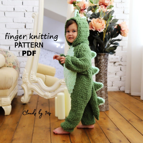 Kigurumi Dino Pattern | Finger knitting Pattern | PDF | kigurumi cosplay | Sleepwear | jumpsuit for baby | alize puffy | bernat alize