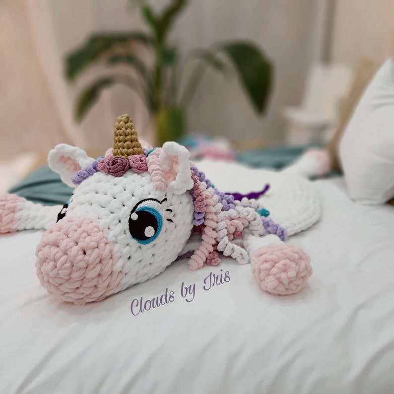 Plush baby rug Mia Unicorn Finger Crochet Pattern PDF baby room decor alize puffy bernat alize baby photo props baby mat image 4