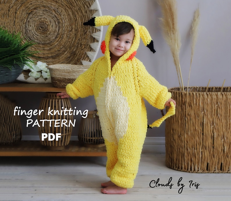 May include: A yellow and white finger knitting pattern for a Pikachu costume. The pattern is available as a PDF download. The image shows a child wearing the completed costume.