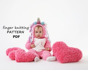 Kigurumi Unicorn Pattern | Finger knitting Pattern  |PDF | kigurumi cosplay | jumpsuit for baby | Sleepwear | alize puffy | bernat alize