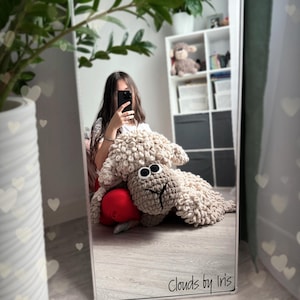 May include: A crocheted sheep plush toy with brown eyes and a light brown nose. The sheep is lying on a wooden floor in front of a mirror. The text "Clouds by Iris" is visible in the reflection.