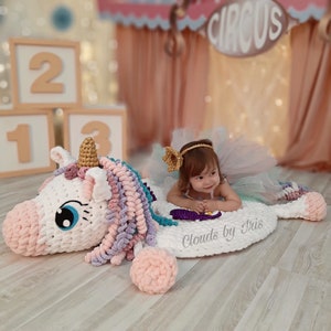 Plush baby rug Mia Unicorn Finger Crochet Pattern PDF baby room decor alize puffy bernat alize baby photo props baby mat image 7