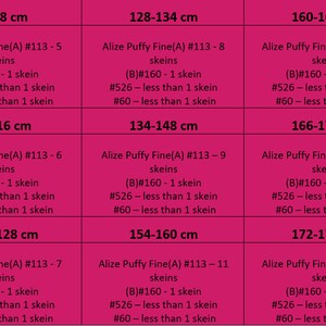 May include: Chart showing yarn requirements for different sizes of a knitted project. The chart lists yarn type, size, and the amount of yarn needed in skeins. The yarn is Alize Puffy Fine and the sizes are listed in centimeters.