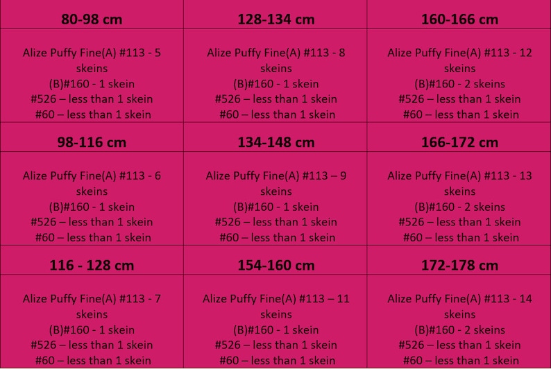 May include: Chart showing yarn requirements for different sizes of a knitted project. The chart lists yarn type, size, and the amount of yarn needed in skeins. The yarn is Alize Puffy Fine and the sizes are listed in centimeters.